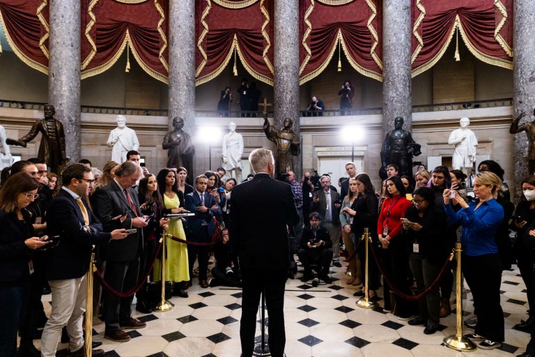 Speaker Kevin McCarthy (R-CA) speaks at a news conference in Statuary Hall of the U.S. Capitol Building on Jan. 12, 2023. McCarthy discussed the classified documents found inside an office used by President Joe Biden after his time as vice president and committee assignments for Rep. George Santos (R-NY).