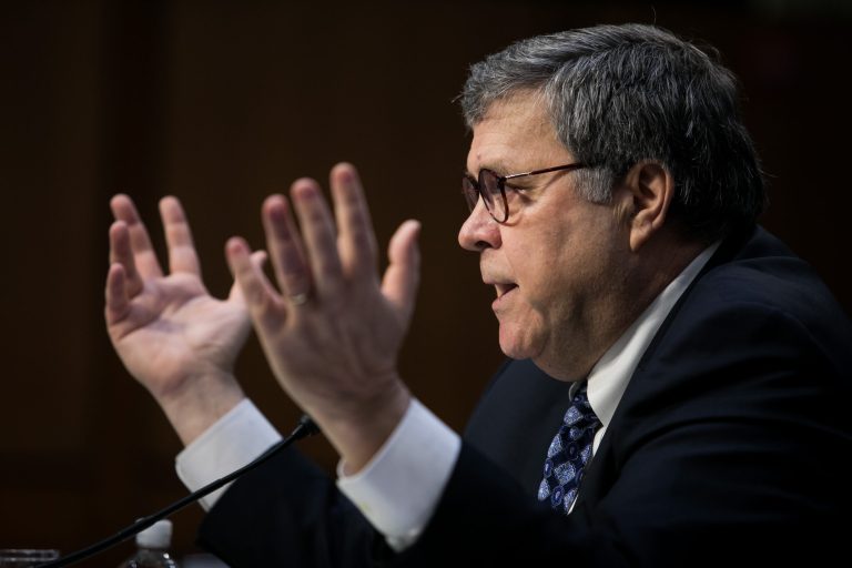 Attorney general nominee William Barr speaks during a Senate Judiciary Committee hearing on Capitol Hill, Tuesday, January 15, 2019. Barr will face questions from the Senate Judiciary Committee including his views on executive powers. Barr served as attorney general under George H.W. Bush.