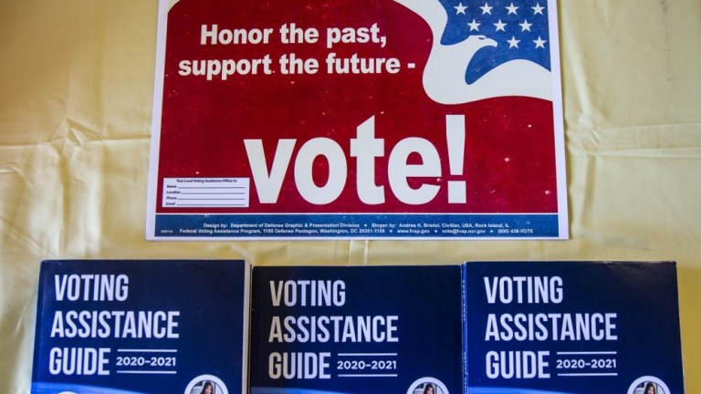 Brochures are displayed for the attendees of a Federal Voting Assistance Program workshop at Marine Corps Base Camp Pendleton, California, Jan. 23, 2020. 