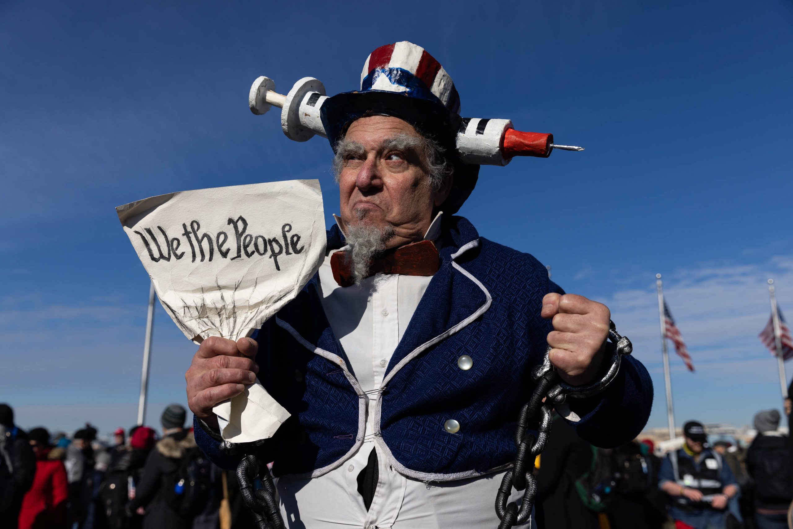 Anti-vaccination activists participat in a rally after a Defeat The Mandates DC march at the Lincoln Memorial January 23, 2022 in Washington, DC.