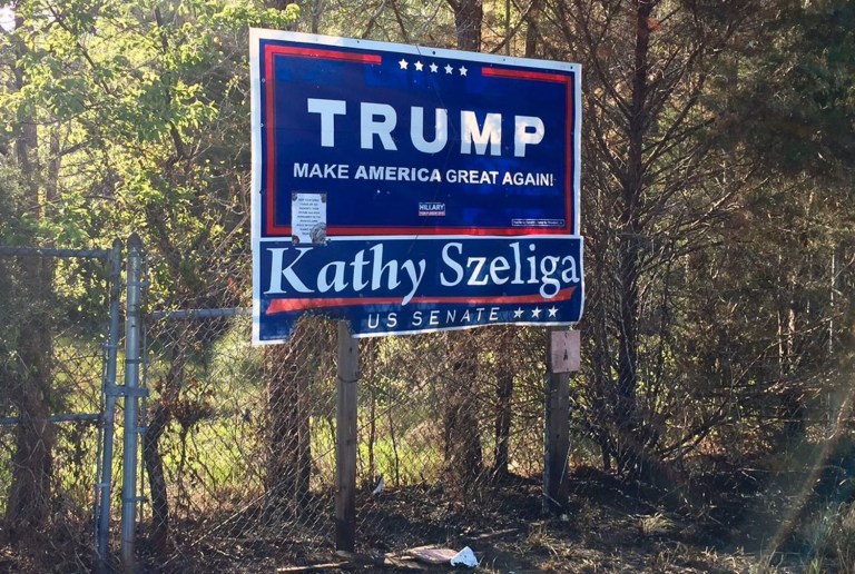 A view of a fire-damaged campaign sign along Carole Lane in Princess Anne, Md., Saturday, April 15, 2017. Officials have charged two women from the Baltimore area in connection with the burning of a billboard promoting President Trump. (Deborah Gates/The Daily Times via AP)