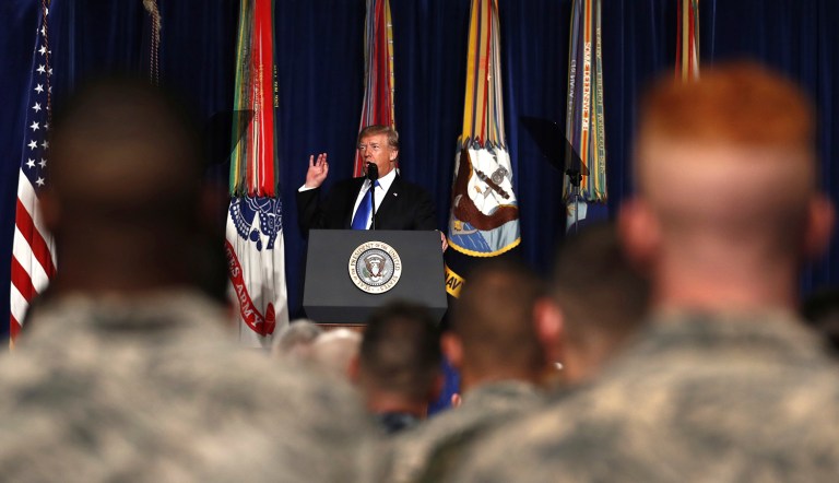 President Donald Trump speaks at Fort Myer in Arlington Va., Monday, Aug. 21, 2017, during a Presidential Address to the Nation about a strategy he believes will best position the U.S. to eventually declare victory in Afghanistan. (AP Photo/Carolyn Kaster)