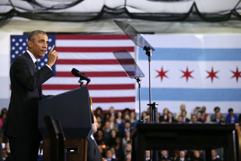 President Barack Obama speaks on the designation of the Pullman National Monument Thursday, Feb. 19, 2015, at Gwendolyn Brooks College Preparatory Academy in Chicago. (AP Photo/Chicago Tribune, Anthony Souffle, Pool)