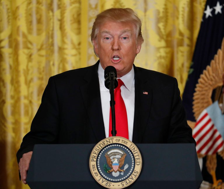 President Trump announces he will nominate R. Alexander Acosta for Labor Secretary, Thursday, Feb. 16, 2017, in the East Room of the White House. (AP Photo/Pablo Martinez Monsivais)