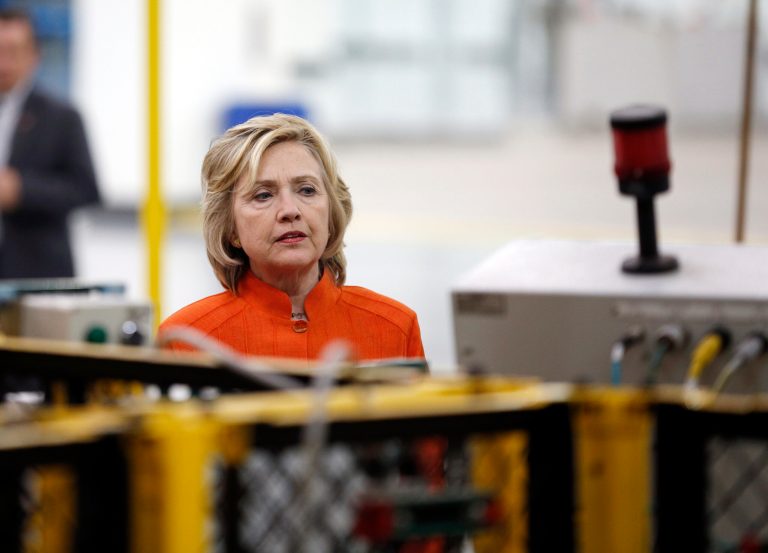 Democratic presidential candidate Hillary Rodham Clinton tours the Carpenters International Training Center Tuesday, Aug. 18, 2015, in Las Vegas. (AP Photo/John Locher)