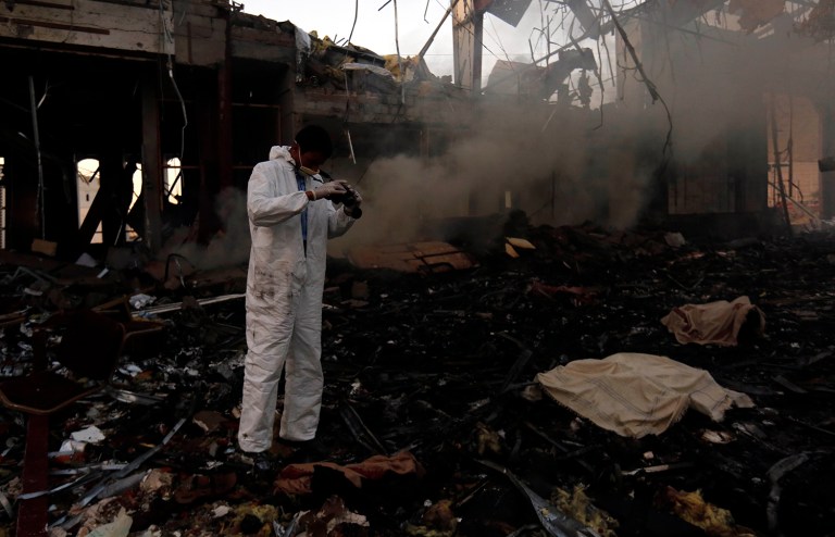 The Pentagon says the U.S. conducted one additional airstrike in Yemen early Monday morning targeting seven militants, for a total of 40 strikes over five days. (AP Photo/Osamah Abdulrhman)