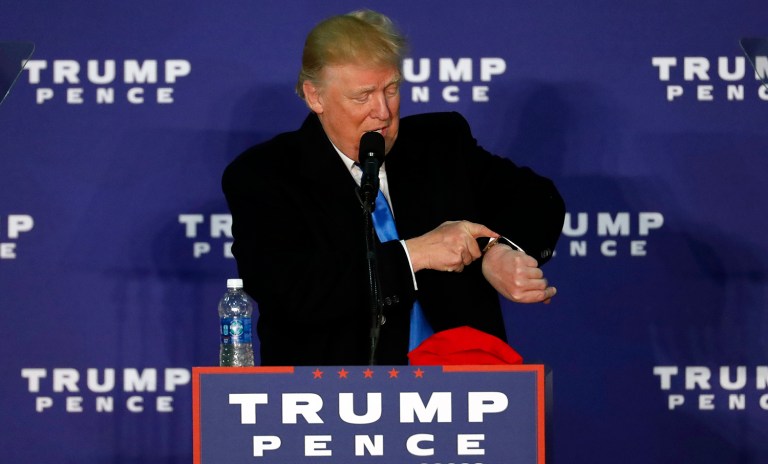 Republican presidential candidate Donald Trump was scheduled to start speaking at 9:30 p.m., but did not take the stage until several hours later due to stops in Pennsylvania and Michigan. (AP Photo/Alex Brandon)