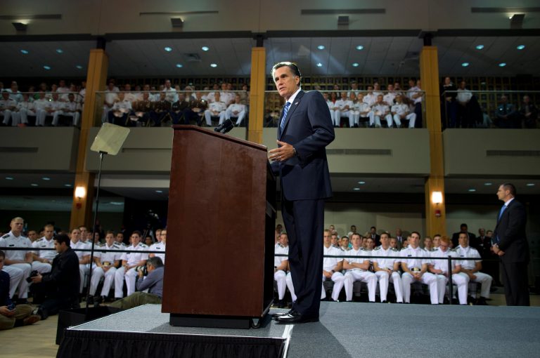 Republican presidential candidate, former Massachusetts Gov. Mitt Romney gives a foreign policy speech at Virginia Military Institute, Monday, Oct. 8, 2012, in Lexington, Va.  (AP Photo/ Evan Vucci)