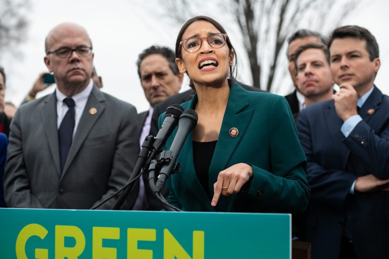 Rep. Alexandria Ocasio-Cortez, D-N.Y., holds a press conference on the Green New Deal Resolution outside of the U.S. Capitol, Thursday, Feb. 7, 2019. 