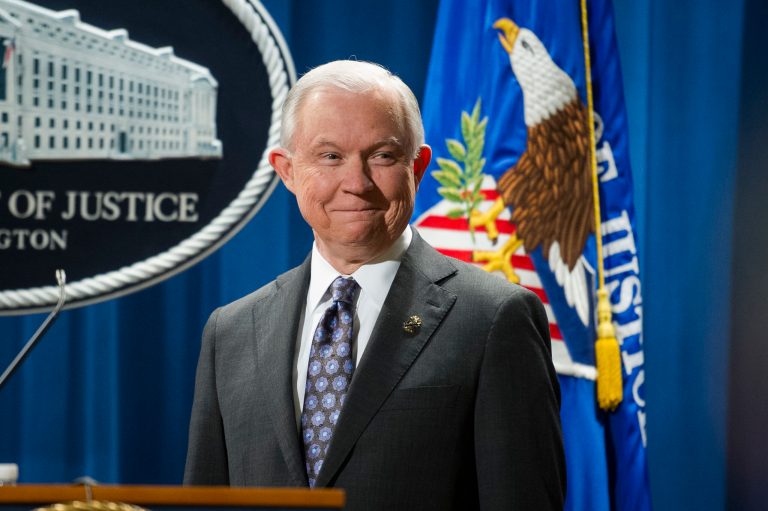 Attorney General Jeff Sessions reacts to a reporter's question as he makes an announcement about new tools to combat the opioid crises, at the Justice Department in Washington, Wednesday, Nov. 29, 2017. (AP Photo/Cliff Owen)