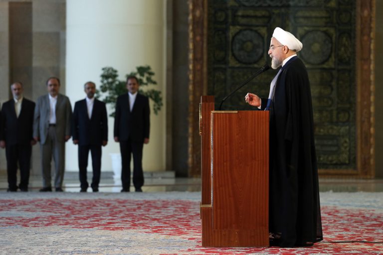 Iran's president Hassan Rouhani addresses the nation in a televised speech minutes after a landmark nuclear agreement was announced in Vienna, in Tehran, Iran, Tuesday, July 14, 2015. (AP Photo/Ebrahim Noroozi)