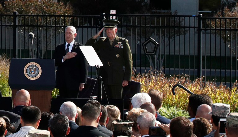 Defense Secretary James Mattis, and Joint Chiefs Chairman Gen. Joseph Dunford attend the September 11th Pentagon Memorial Observance at the Pentagon. Mattis praised the spirit and resolve of the American people on the 16th anniversary of the 9/11 terror attacks. (AP Photo/Jacquelyn Martin)