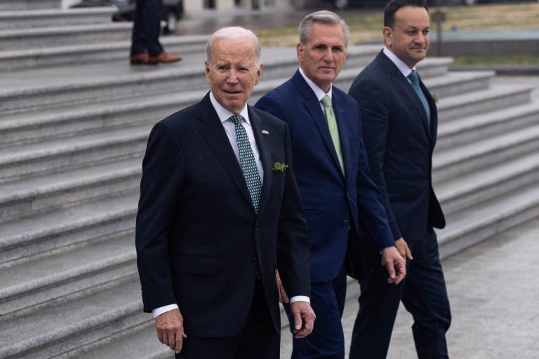 President Joe Biden, Speaker of the House Kevin McCarthy (R-CA), and Irish Taoiseach Leo Varadkar depart the Capitol following the Friends of Ireland Luncheon on St. Patrick's Day, March 17, 2023 in Washington, DC.