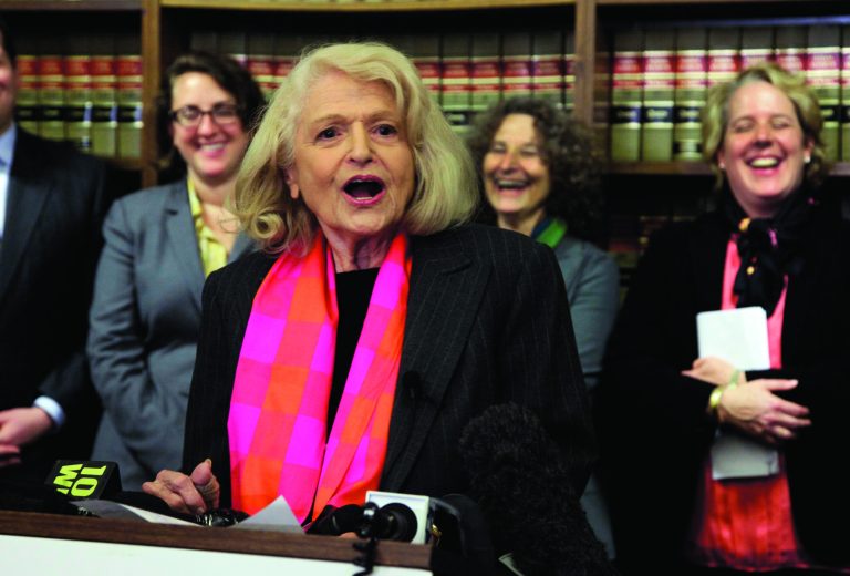 Edith Windsor addresses a news conference at the offices of the New York Civil Liberties Union, in New York, Thursday, Oct. 18, 2012. A federal appeals court in Manhattan has become the second in the nation to strike down the Defense of Marriage Act as unconstitutional. The ruling came in a case brought by Windsor. She sued the government in November 2010 because she was told to pay $363,053 in federal estate tax after her partner of 44 years, Thea Spyer, died in 2009. They had married in Canada in 2007.. (AP Photo/Richard Drew)
