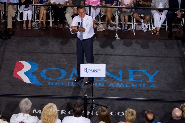 Republican presidential candidate, former Massachusetts Gov. Mitt Romney gestures during a campaign stop on Wednesday, July 18, 2012 in Bowling Green, Ohio.  (AP Photo/Evan Vucci)