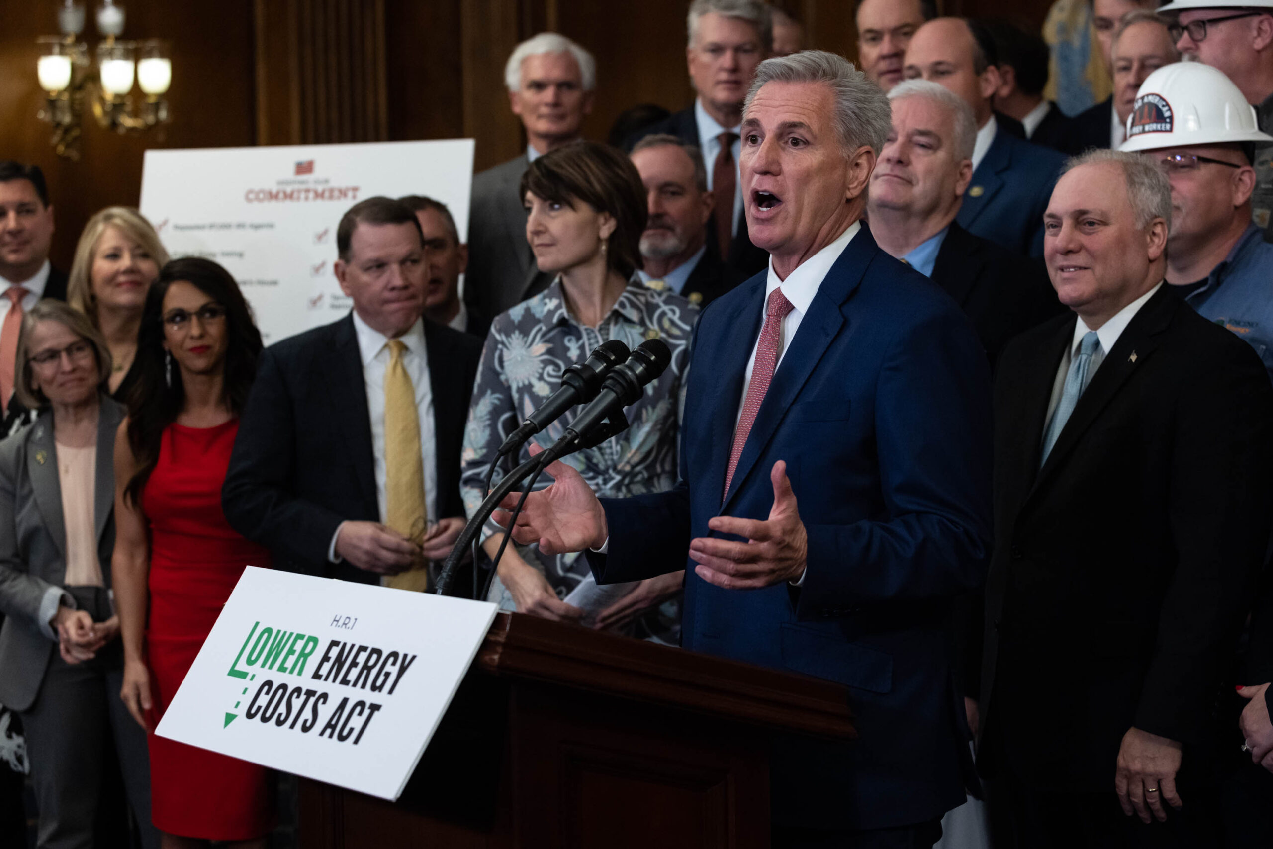 U.S. House Speaker Kevin McCarthy (R-CA) and House Republicans hold a news conference on the "Lower Energy Costs Act," on Capitol Hill, in Washington, U.S., March 30, 2023.