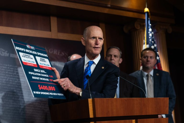 House Freedom Caucus members talk to reporters about the federal debt limit during a news conference at the U.S. Capitol on March 22, 2023 in Washington, DC. The conservative Republicans were critical of President Joe Biden's federal budget proposal and repeated their slogan, 