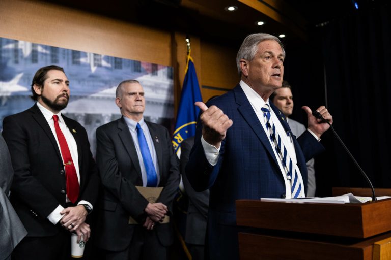 The Freedom Caucus released a list of 500+ pages of proposed spending cuts, totaling around $1 trillion, during a press conference on Capitol Hill on March 28, 2023. 
