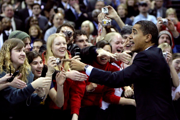 In this Feb. 12, 2008 file photo, then-Democratic presidential candidate Sen. Barack Obama greets supporters before a rally in Madison Wis. Obama's approval rating has plummeted among Hispanics and Millenials over the last year. (AP Photo/Rick Bowmer)