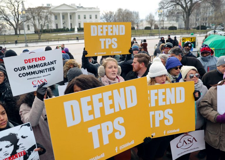 CASA de Maryland, an immigration advocacy and assistance organization, holds a rally in Lafayette Park, across from the White House in Washington, Monday, Jan. 8, 2018, in reaction to the announcement regarding Temporary Protective Status for people from El Salvador. (AP Photo/Pablo Martinez Monsivais)