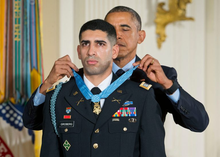 President Barack Obama bestows the nation's highest military honor, the Medal of Honor, to retired Army Capt.Â Florent Groberg. (AP Photo/Pablo Martinez Monsivais)