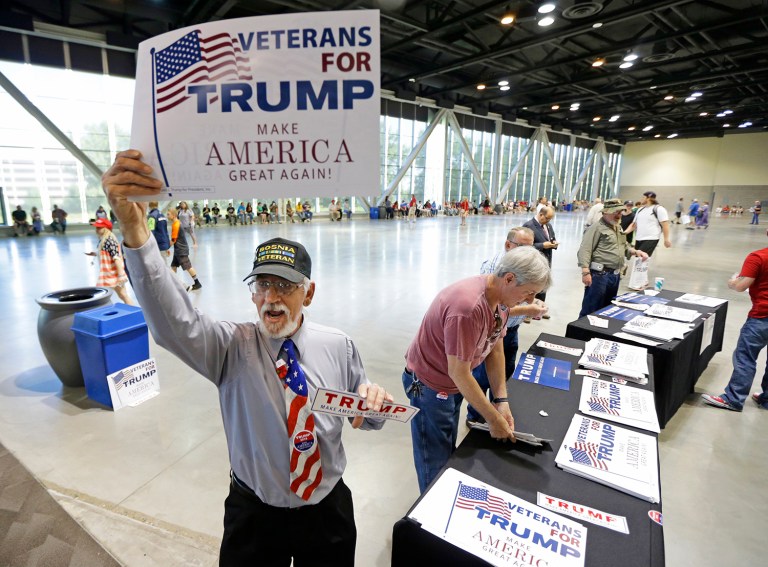 Trump leads Clinton by 19 points — 55 percent to 36 percent — among military and veteran voters. (AP Photo/Ted S. Warren)