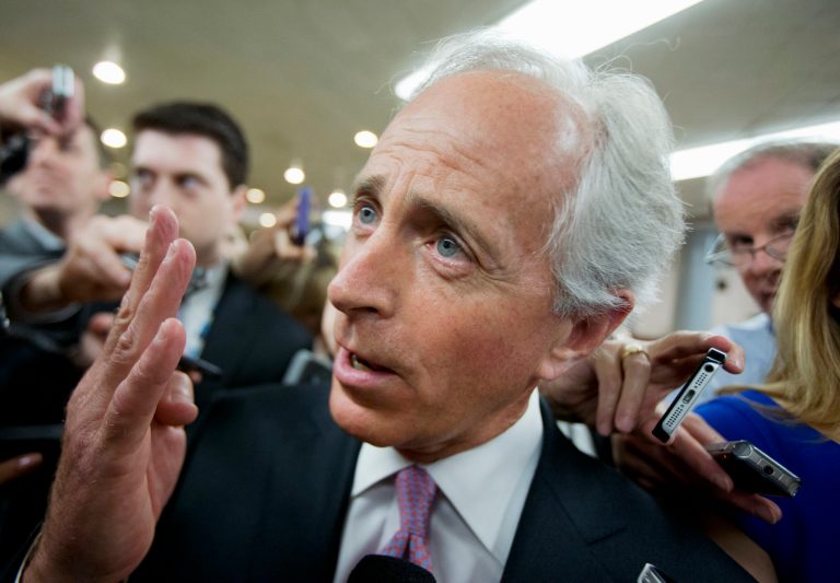Senate Foreign Relations Committee Chairman Sen. Bob Corker, Tenn. speaks to reporters on Capitol Hill in Washington, Tuesday, April 14, 2015. (AP Photo/Manuel Balce Ceneta)