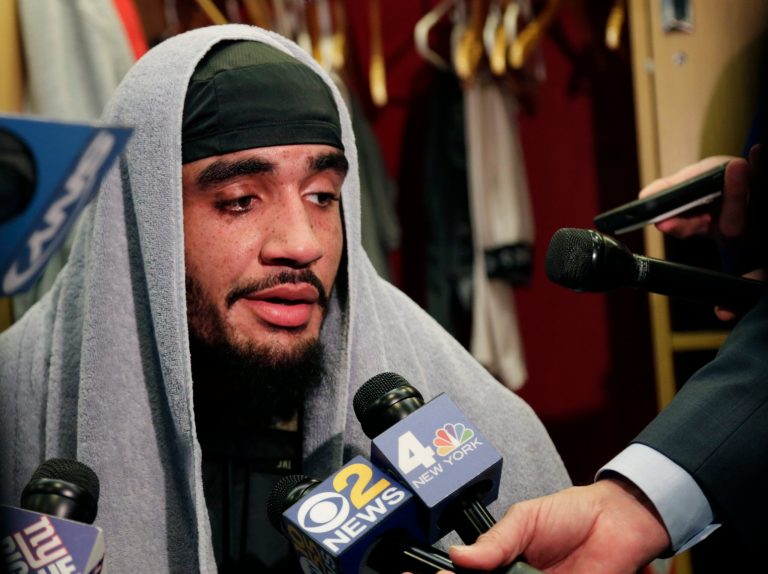 New York Giants Oliver Vernon talks to reporters in the locker room after a practice in East Rutherford, N.J., Thursday, Jan. 5, 2017. (AP Photo/Seth Wenig)