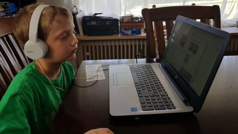 Irwin Wynn, second grader and son of service members at U.S. Army Garrison Wiesbaden, Germany, completes an online lesson April 14, 2020. 