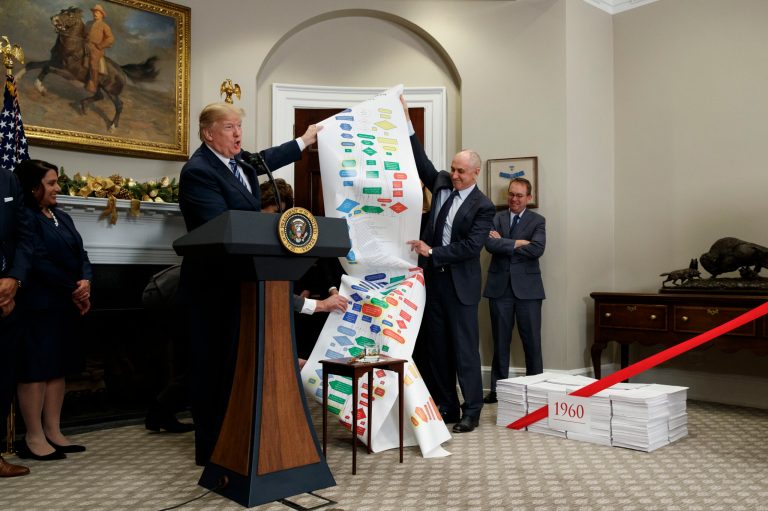 President Donald Trump holds up a chart on highway regulations during an event on federal regulations in the Roosevelt Room of the White House, Thursday, Dec. 14, 2017, in Washington. (AP Photo/Evan Vucci)
