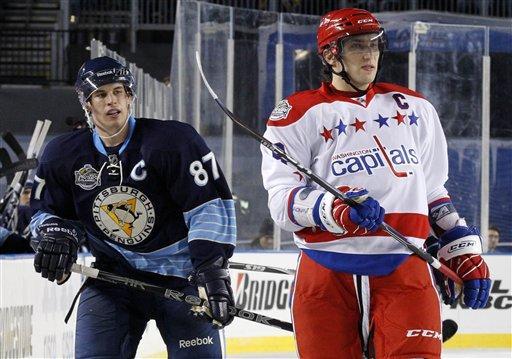 Washington Capitals' Alex Ovechkin, right, and Pittsburgh Penguins' Sidney Crosby (87) skate during the second period of the NHL Winter Classic outdoor hockey game in Pittsburgh Saturday, Jan. 1, 2011. The Capitals won 3-1. 
