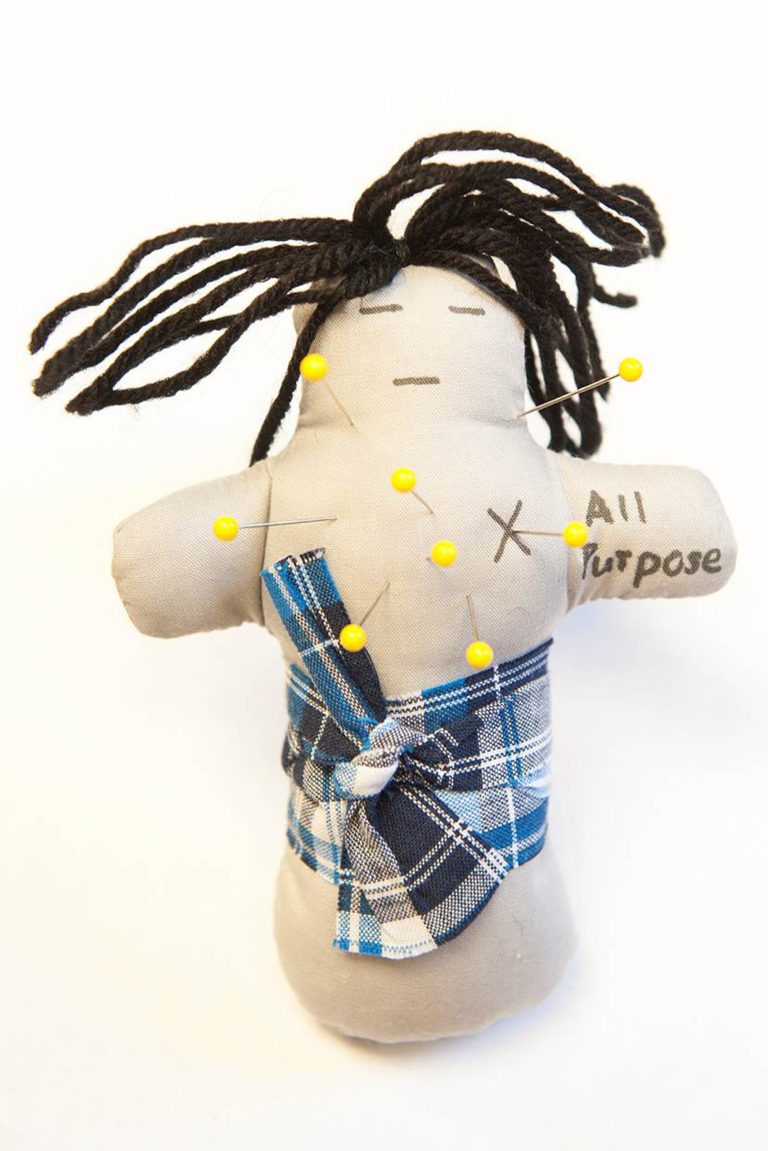 This undated handout photo provided by Ohio State University shows an all purpose voodoo doll. A quick candy bar may stave off more than hunger. It could prevent major fights between husbands and wives, at least if a new study involving voodoo dolls is right. Psychology researchers monitored the nightly blood sugar levels of 107 married couples for three weeks, asking them to stick pins in a voodoo doll representing their spouses to measure aggression. They found that the lower the blood sugars, the higher the crankiness, and the more pins pushed into the voodoo doll, according to a study released Monday in the Proceedings of the National Academy of Sciences. The people with the lowest glucose scores pushed twice in general as many pins on average as those with the highest blood sugar levels, the researchers said. (AP Photo/Jo McCulty, Ohio State University)