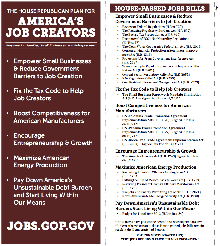 The House GOP Jobs Bill pocket card