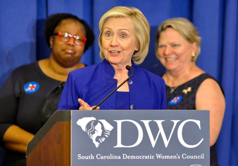 Democratic presidential candidate, former Secretary of State Hillary Rodham Clinton speaks to South Carolina House Democratic Women's Caucus and Women's Council, Wednesday, May 27, 2015, in Columbia, S.C.  (AP Photo/Richard Shiro)