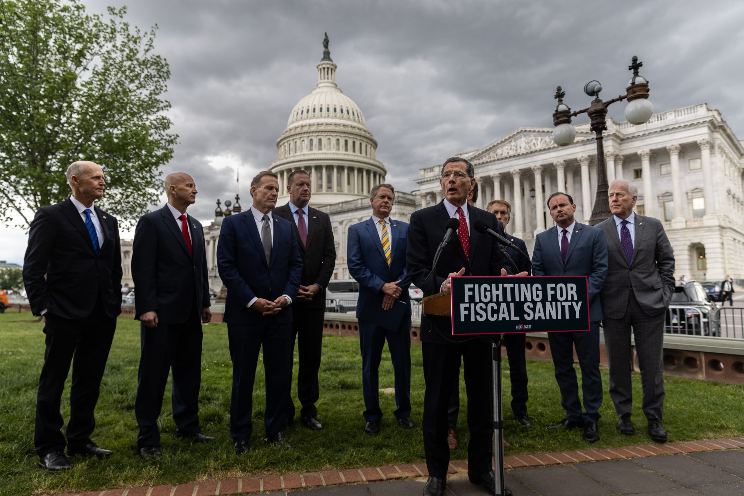 Senate Republicans hold a news conference outside the U.S. Capitol on Wednesday, May 3, 2023. Republicans are urging the White House and Senate Democrats to pass the House GOP legislation that would cut federal spending. 