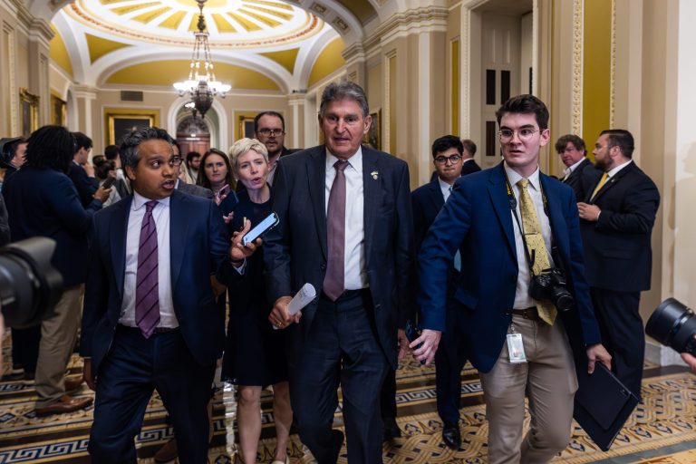 Sen. Joe Manchin, a Democrat from West Virginia, takes questions from the press following the weekly Democratic caucus luncheon on Capitol Hill, on Tuesday, May 2, 2023. Manchin has pushed back on President Joe Biden's agenda regarding the debt ceiling. Lawmakers plan to meet with Biden next week to hash out bipartisan talks on a solution to the crisis.


