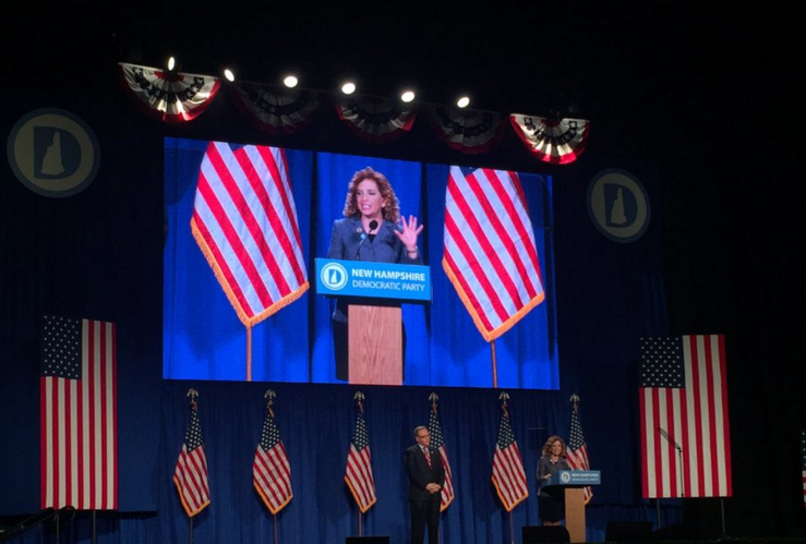 DNC chairwoman Debbie Wasserman Schultz received boos from the Bernie Sanders supporters' side of the room at the McIntyre-Shaheen 100 Club Celebration dinner. (Photo courtesy of Debbie Wasserman Shultz's Twitter account)
