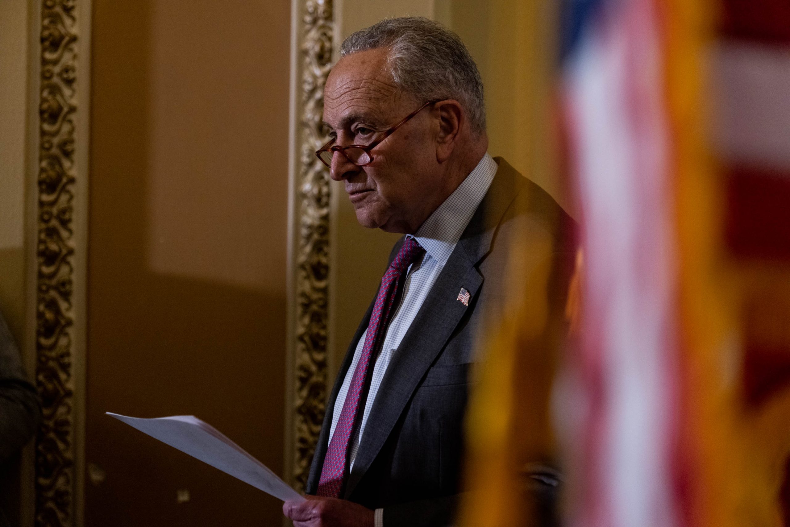 Senate Majority Leader Chuck Schumer, D-NY, looks on during a press conference on Capitol Hill, Tuesday, March 24, 2022
