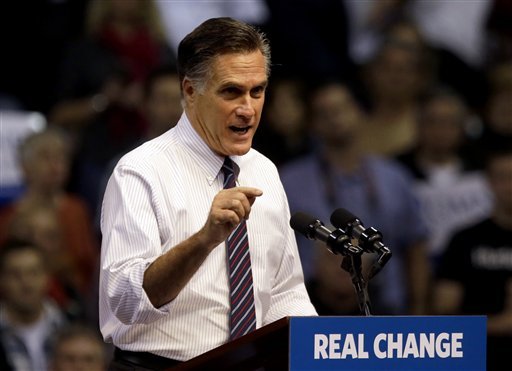 FILE - In this Nov. 5, 2012, file photo, Republican presidential candidate, former Massachusetts Gov. Mitt Romney speaks at a campaign event at the Verizon Wireless Arena in Manchester, N.H. Romney is telling top donors that President Barack Obama won re-election because of the 