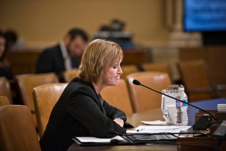 Marilyn Tavenner, the administrator of the Centers for Medicare and Medicaid Services, pauses while testifying on Capitol Hill in Washington, Tuesday, Oct. 29, 2013,  before the House Ways and Means Committee hearing on the implementation of the Affordable Care Act. Stressing that improvements are happening daily, the senior Obama official closest to the administration's malfunctioning health care website apologized Tuesday for problems that have kept Americans from successfully signing up for coverage.  (AP Photo/J. Scott Applewhite)