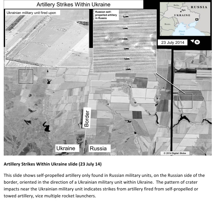 This second page of a four page document released by the U.S. State Department in Washington, July 27, 2014  shows a satellite image that purports to shows self propelled artillery only found in Russian military units, on the Russian side of the border, oriented in the direction of a Ukrainian military unit within Ukraine. The United States says the images back up its claims that rockets have been fired from Russia into eastern Ukraine and heavy artillery for separatists has also crossed the border. (AP Photo/U.S. State Department)
