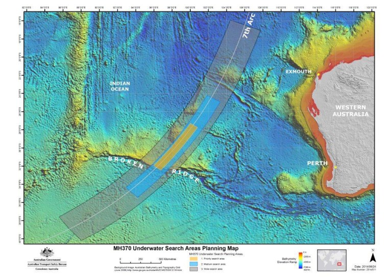 In this map provided on Thursday, June 26, 2014, by the Joint Agency Coordination Centre, details are presented in the search for the missing Malaysia Airlines Flight 370 in the southern Indian Ocean. Australian officials say the hunt for the missing plane that vanished during a flight from Kuala Lumpur to Beijing on March 8 with 239 passengers and crew aboard will shift farther south of the most recent suspected crash site in a remote stretch of Indian Ocean. (AP Photo/Joint Agency Coordination Centre) EDITORIAL USE ONLY