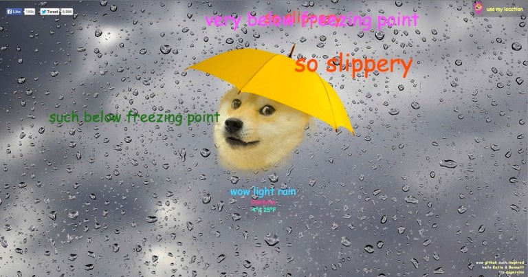 Dogeweather.com uses the iconic Doge meme, complete with floating, colorful text in Comic Sans, to inform you what the weather is in your area.