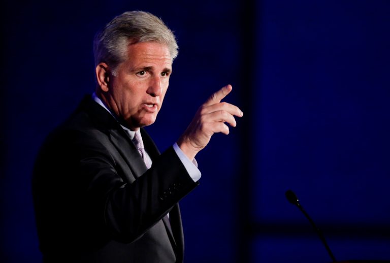 House Majority Leader Kevin McCarthy sent his Republicans home for the Presidents Day recess with an attaboy. (AP Photo/Chris Carlson)