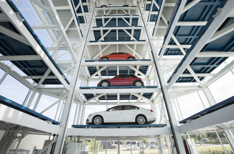 Vehicles sit inside a Carvana vending machine in Frisco, Texas. The company's latest machine, in the Washington, D.C., area, opened the week of June 6, 2018.