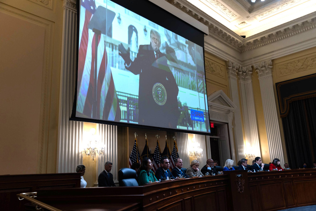 A video of former President Donald Trump is displayed on the screen during Thursday's hearing on the Jan. 6 riot in Washington.