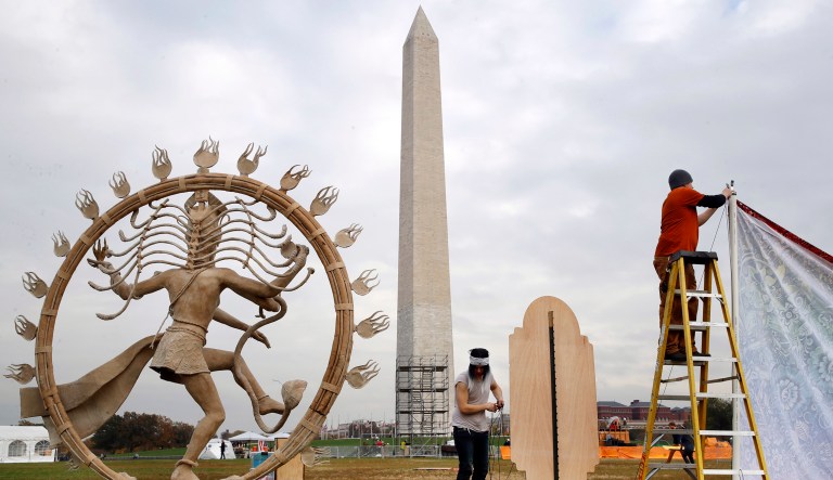 Activists originally intended to bring a 45-foot-tall statue of a nude woman to the base of the Washington Monument. (AP Photo/Jacquelyn Martin)