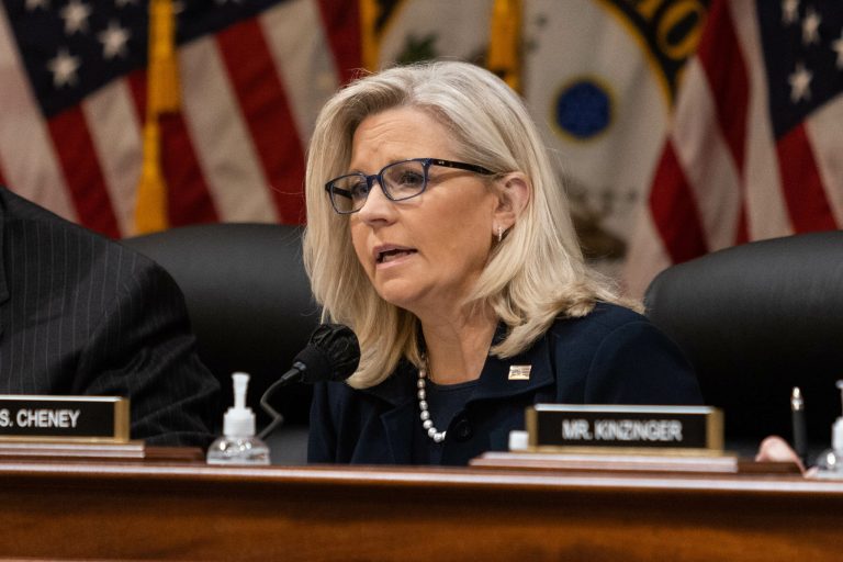 Vice Chairwoman Liz Cheney (R-WY) is seen at a Jan. 6 committee hearing on Thursday in Washington.