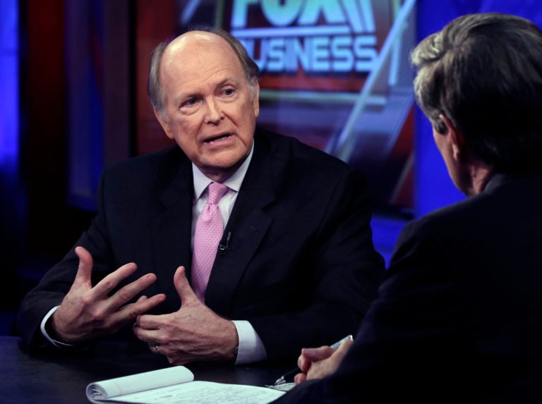FILE - In this June 24, 2014 file photo, Philadelphia Federal Reserve President Charles Plosser is interviewed by senior Washington correspondent Peter Barnes, on the Fox Business Network, in New York. Plosser, a leading inflation 