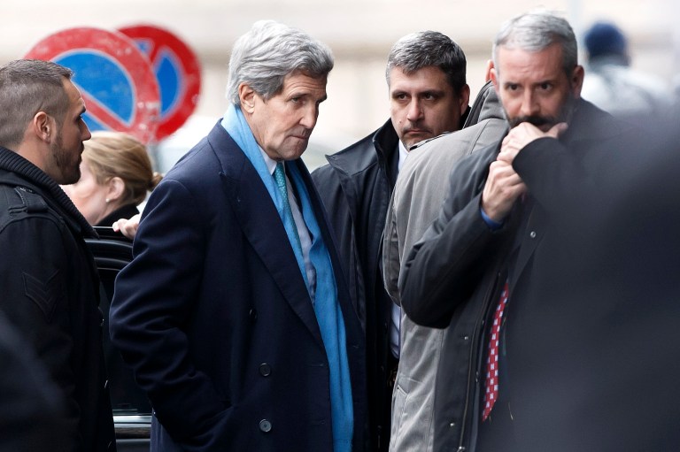 Secretary of State John Kerry, center, arrives at the hotel prior to a bilateral meeting with Iranian Foreign Minister Mohammad Javad Zarif for a new round of Nuclear Talks, in Geneva, Switzerland, Sunday, Feb. 22, 2015. (AP Photo/Keystone,Salvatore Di Nolfi)
